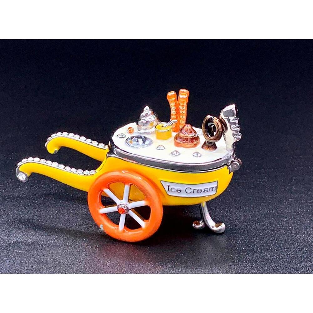 Ice Cream Cart Trinket Box Enamel Crystal Hinged Mini Collectible Decor